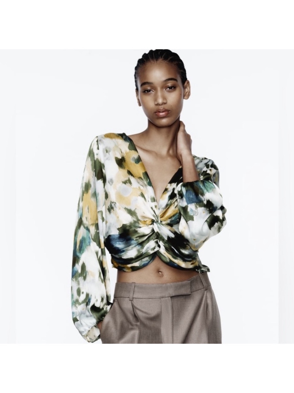 Zara tie dye Ruched Crop Blouse Green & White long sleeve Medium
